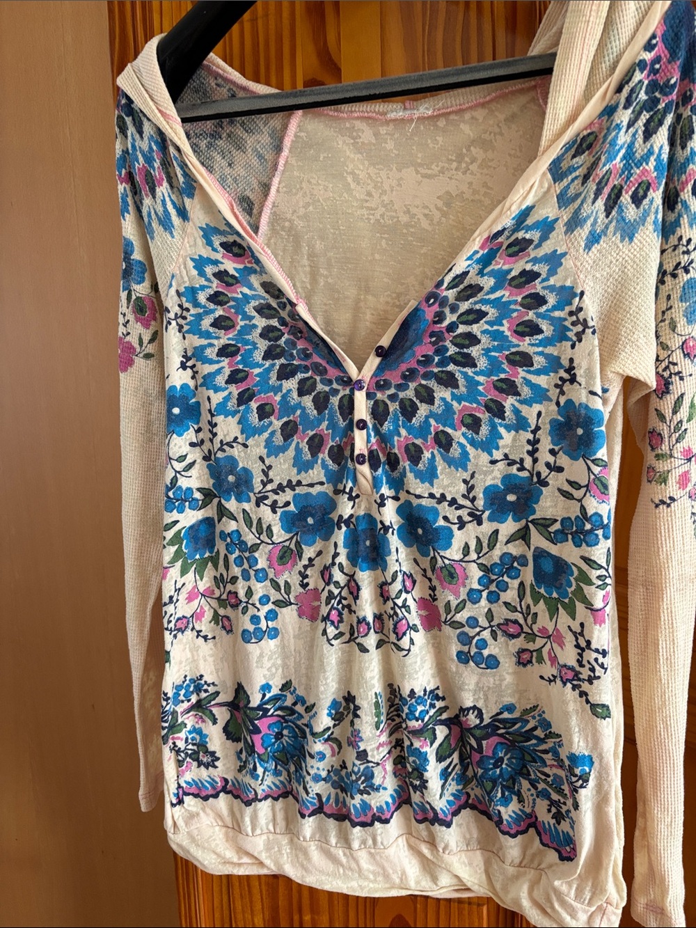 Lucky Brand Cream Long-Sleeve Floral Henley with Blue & Pink Print